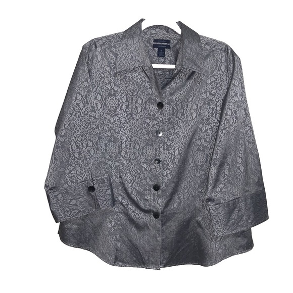 Westbound Tops - Westbound Sz 18 Wrinkle Free Silver Floral Jacquard 3/4 Sleeve‎ Tunic Shirt